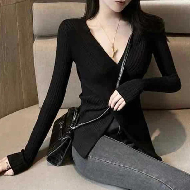 

Women Sweater Long Sleeve Top Knitted Pullover V-Neck Fashion Sweater Woman Winter 2023 Basic Female Clothing Soild OL Sweaters