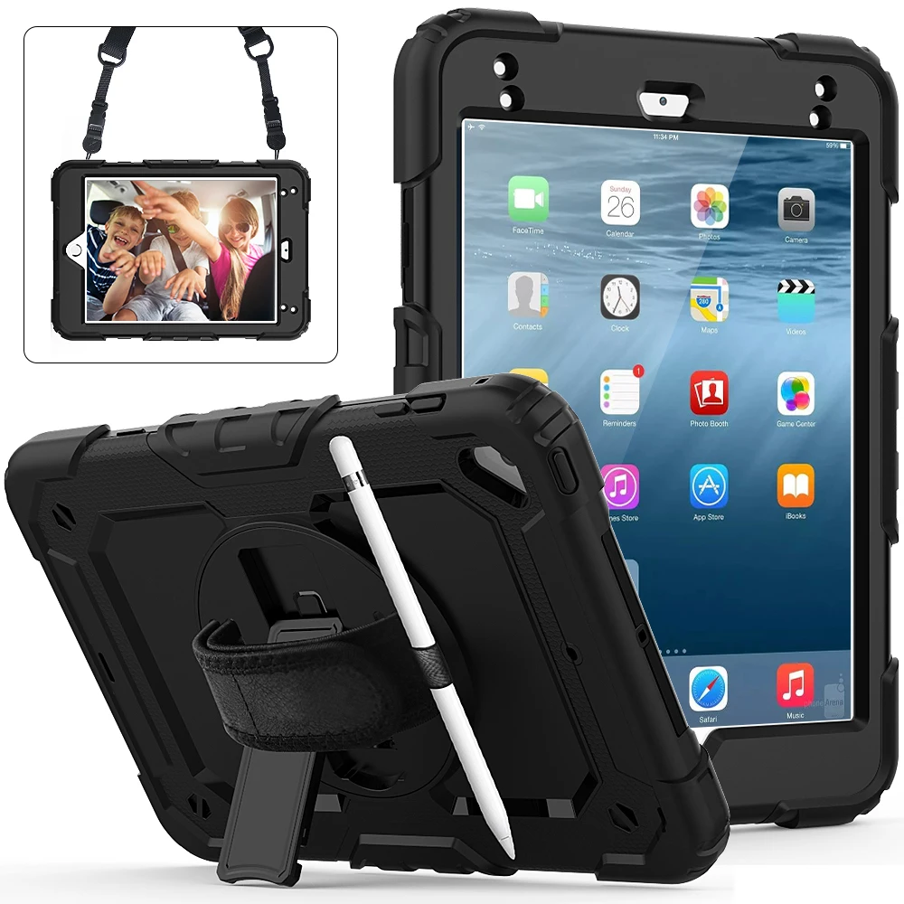 

360 Rotation Hand Strap&Kickstand Protective Silicone Case For Funda Ipad Mini 4 With Screen Protector Case For Ipad Mini 5
