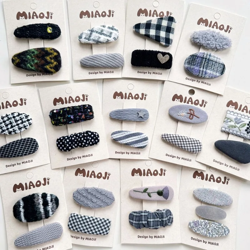 

2pc/set Children's Hair Clip Autumn Winter Black Gray Geometric Plaid Embroidery Baby Hair Clip Baby Hair Edge Clip BB Clip Cute