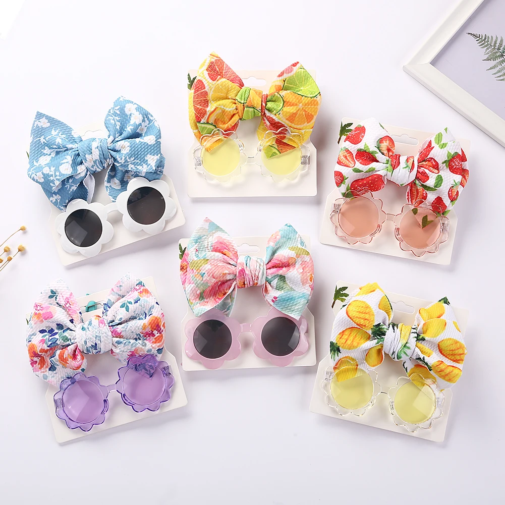 10set/lot Flower Sunglasses Girls Fruit Print Bullet Nylon Headband Baby Boy Girl Seaside Mental Eyeglasses Kids Accessories