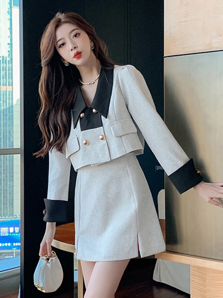 

Модный весенне-осенний комплект из 2 предметов, женская одежда, красивые шикарные свободные укороченные топы, блузка, мини-юбка с высокой талией, Женский комплект