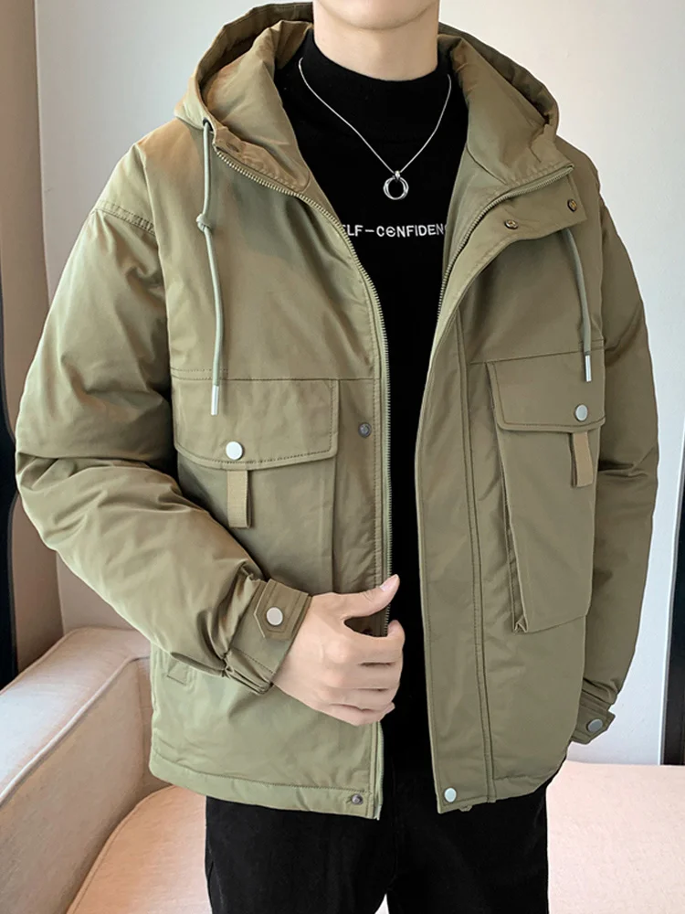 

Winter Big Pockets Men's Parka Warm Jacket 2022 New Solid Hooded Windbreaker Zipper Coat Thick Cotton Padded Thermal Parkas