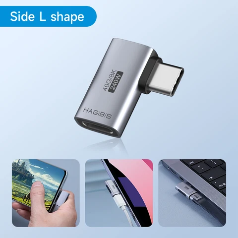 Hagibis 240 Вт USB C-C адаптер 40 Гбит/с 8K 60 Гц 90 градусов конвертер USB4 адаптер для планшета Thunderbolt 4/3 MacBook iPhone 17 Pro