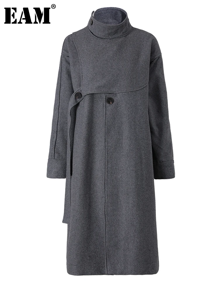 

[EAM] Loose Fit Gray Big Size Long Warm Ribbon Woolen Coat Parkas New Long Sleeve Women Fashion Autumn Winter 2023 1DF021802