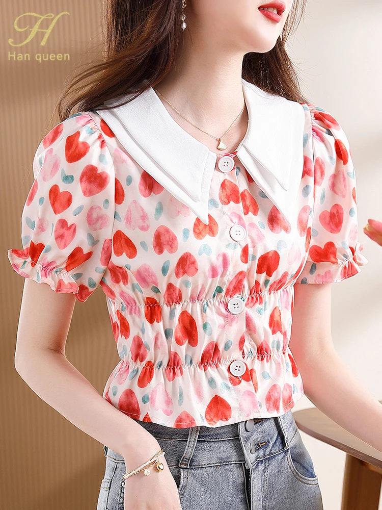 

Женская шифоновая блузка H Han Queen, модная офисная винтажная блузка с цветным принтом, простая элегантная повседневная рубашка в Корейском стиле для лета