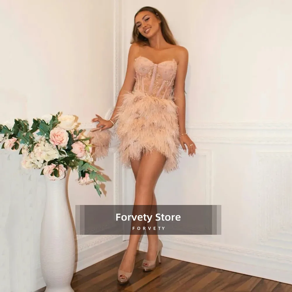 

Champagne Powder Luxury Feather Cocktail Dress Sweetheart Lace Beads Sleeveless Mini Prom Short Custom Made Evening Party Gowns