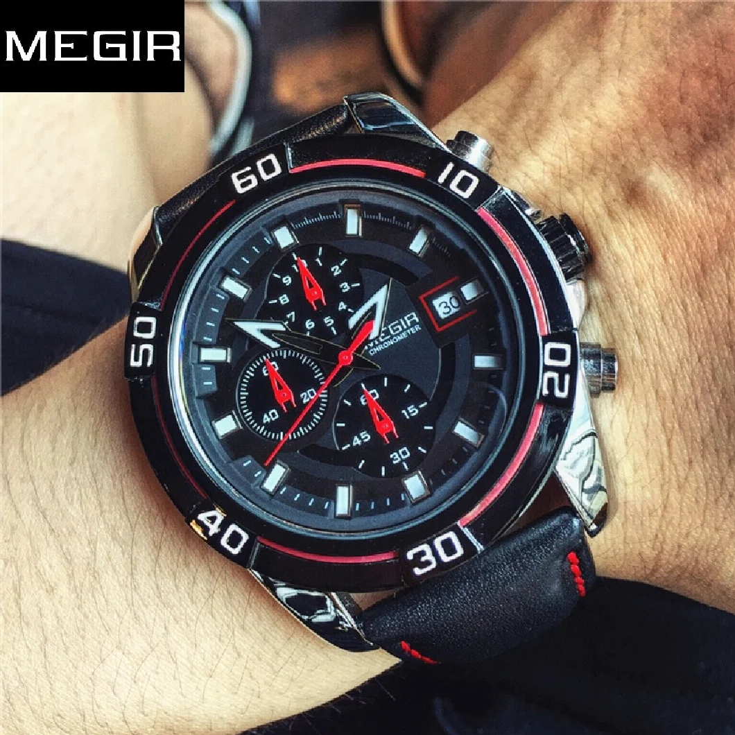 

Часы наручные MEGIR мужские с кожаным ремешком, брендовые Роскошные Кварцевые спортивные в стиле милитари, с хронографом