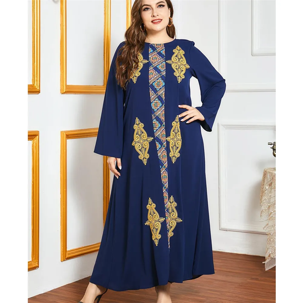

Платье в мусульманском этническом стиле с вышивкой и длинными рукавами, повседневное синее платье в стиле ретро, абайя, Арабская, Ближний Во...