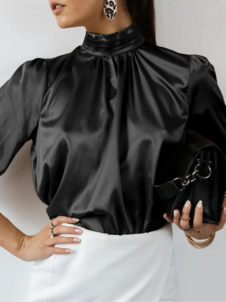 

Celmia Women Satin Tops Elegant High Collar Blouse 2022 Fashion Solid Silk Party Shirts Casual Lantern Sleeve Blusas Femininas