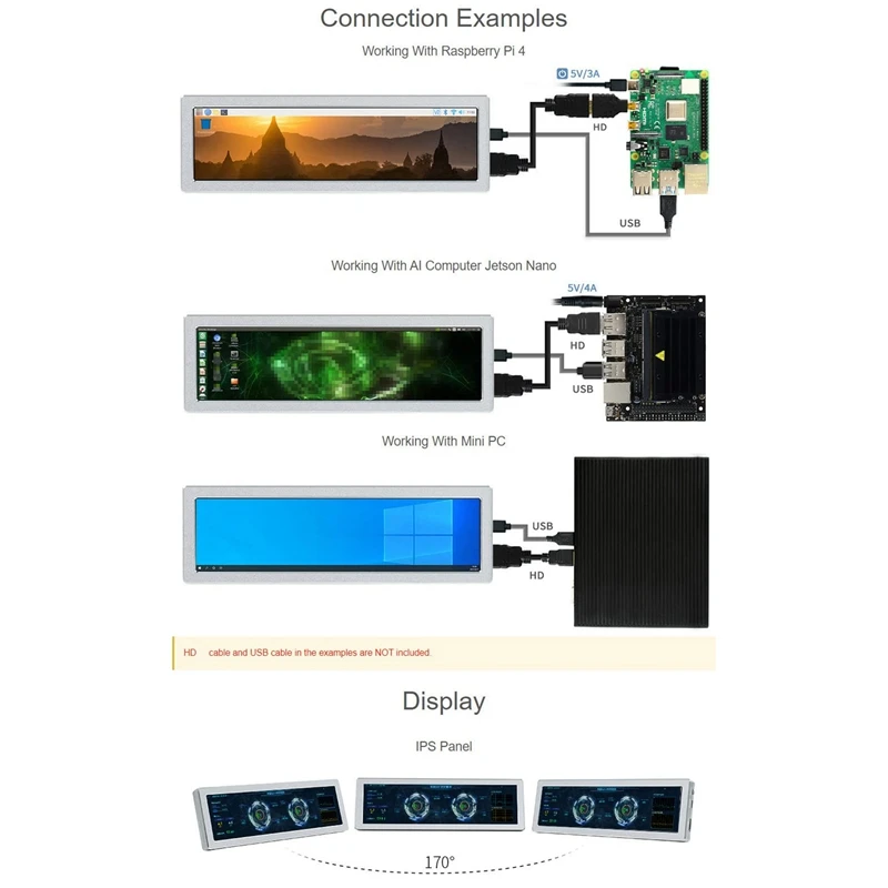 

Waveshare 8,8 дюймовый IPS боковой монитор 480X192 0 разрешение с HDMI-совместимый порт дисплея IPS панель для Raspberry Pi