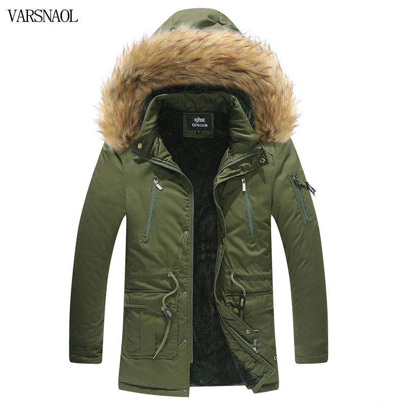 Varsanol Winter Mens Jacket Parkas Hooded Fur Collar Men Clothes Thick Warm Fleece Lined Jacket Outdoor Mid-Long Jacket Coat Man