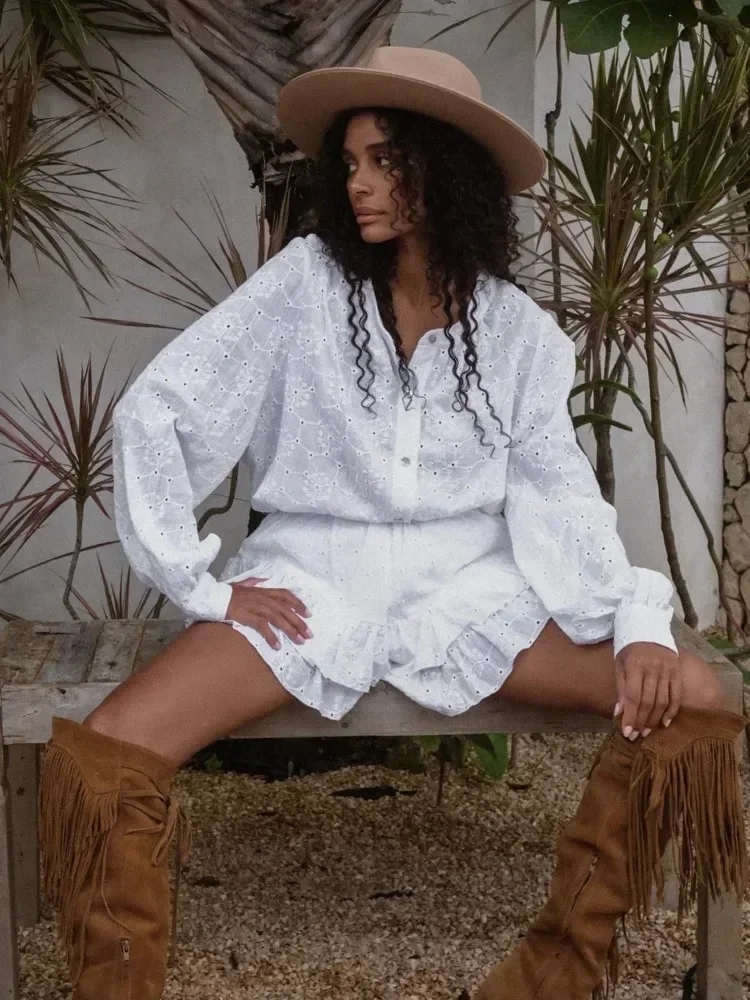 Летний женский повседневный комплект белые однобортные рубашки с круглым