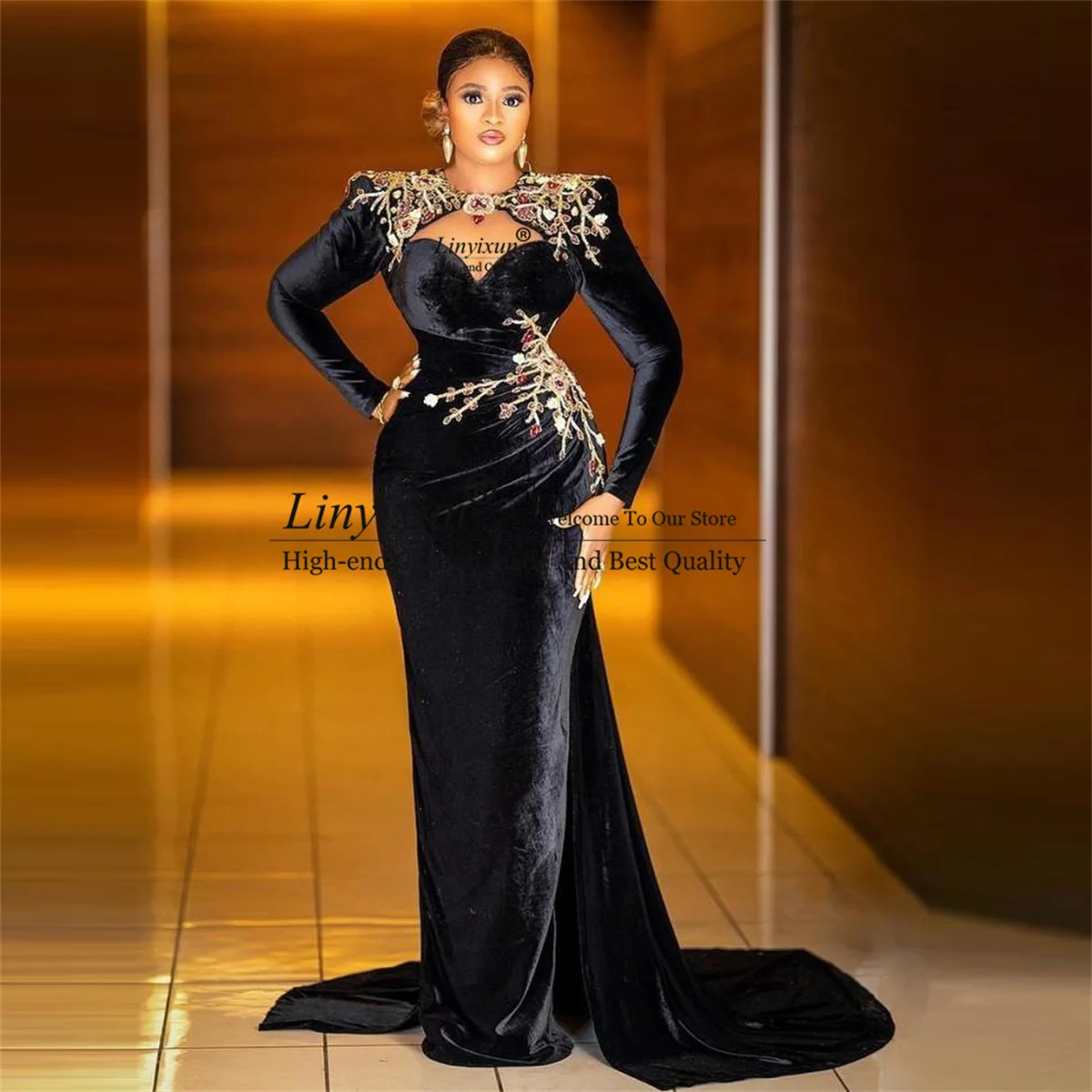 

Velvet Long Sleeves Prom Dresses With Appliques Beads Sweetheart Aso Ebi Women Formal Evening Gowns Court Train Party Dress