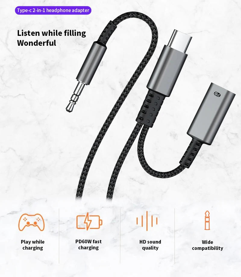 

Portable Aluminum Charger Adapter Mic Jack Dongle Cable Pd 60w Usb C To 3.5mm Headphone Phone Accessories Fast Charging Hifi
