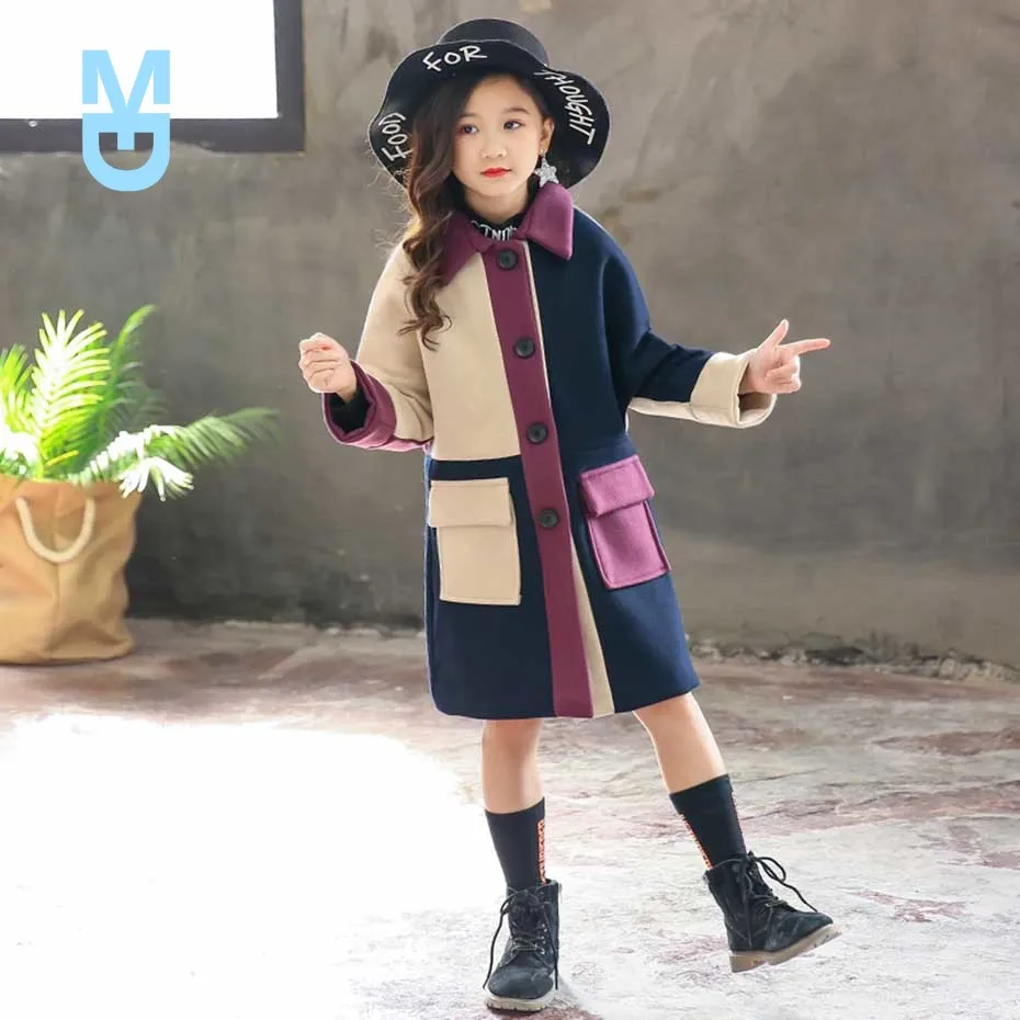 

New Girls Coat Patchwork Wool Coat For Girl Single-breasted Winter Jacket For Girls Autumn Casual Girls Clothes For 6 8 10 12 14