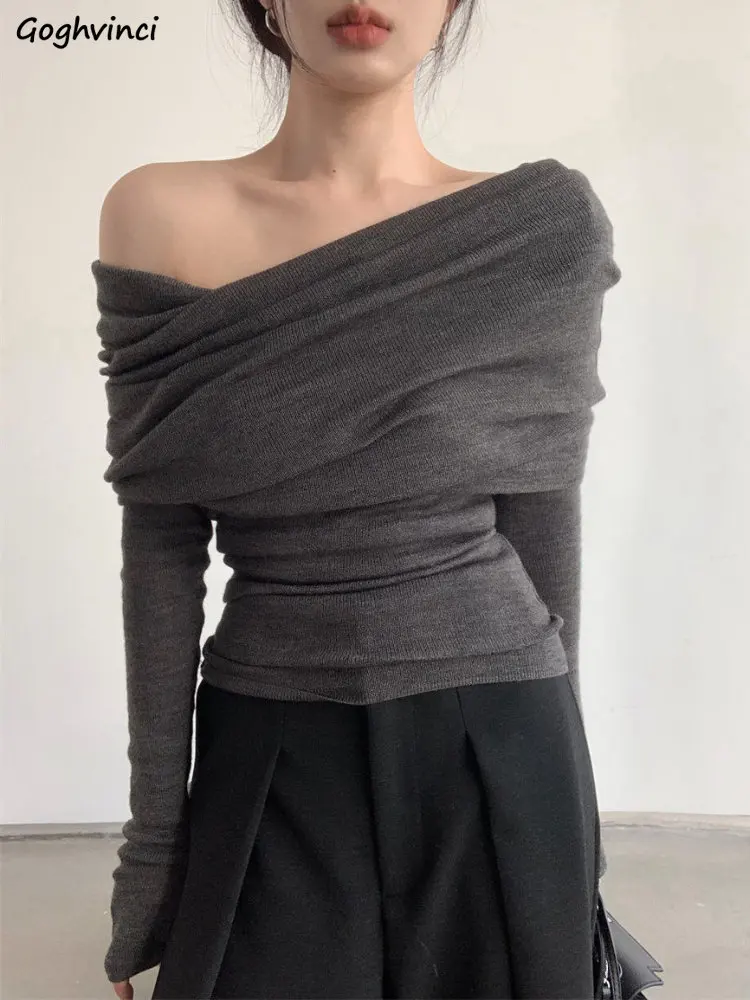 

Slash Neck Pullovers Women Long Sleeve Knitwear Tender Spring Skinny Hotsweet Elegant Sueters Fashion Simple All-match Ladies