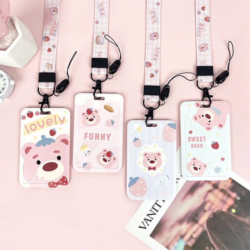 

1 Pcs Cartoon Pink Bear Business Card Holder Campus Student Badge Game Card Bank Card All Kinds Of Card Protective Cover