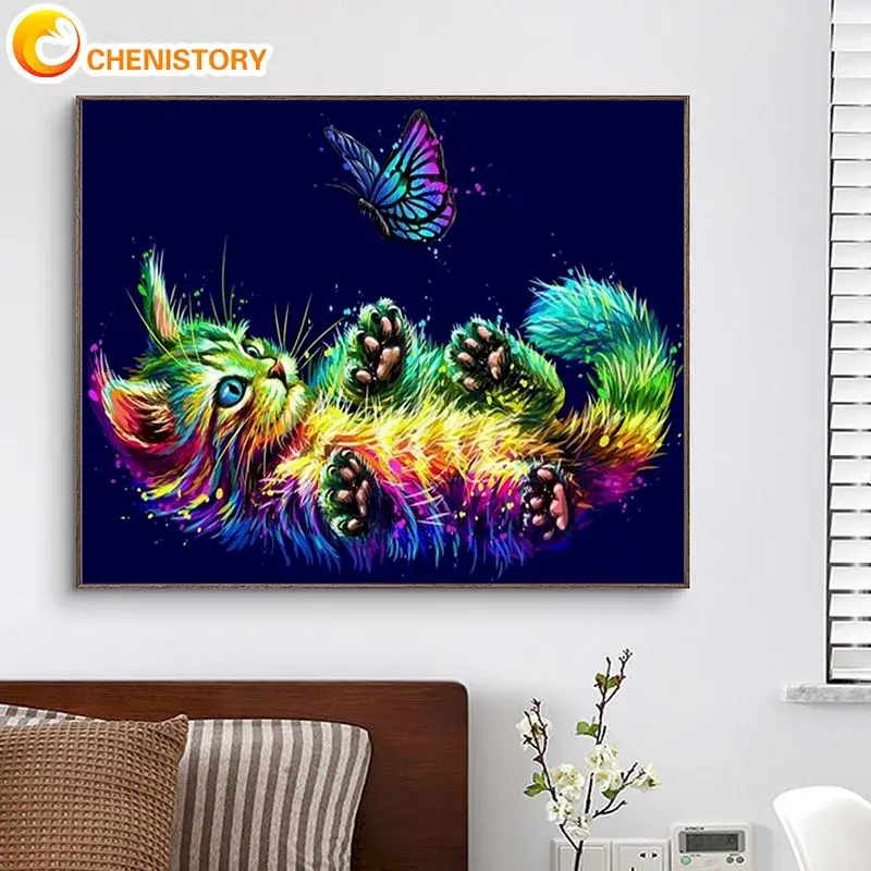 

CHENISTORY Coloring By Number Color Cat Diy 60x75cm Frame Picture By Numbers Animal On Canvas Home Decoration