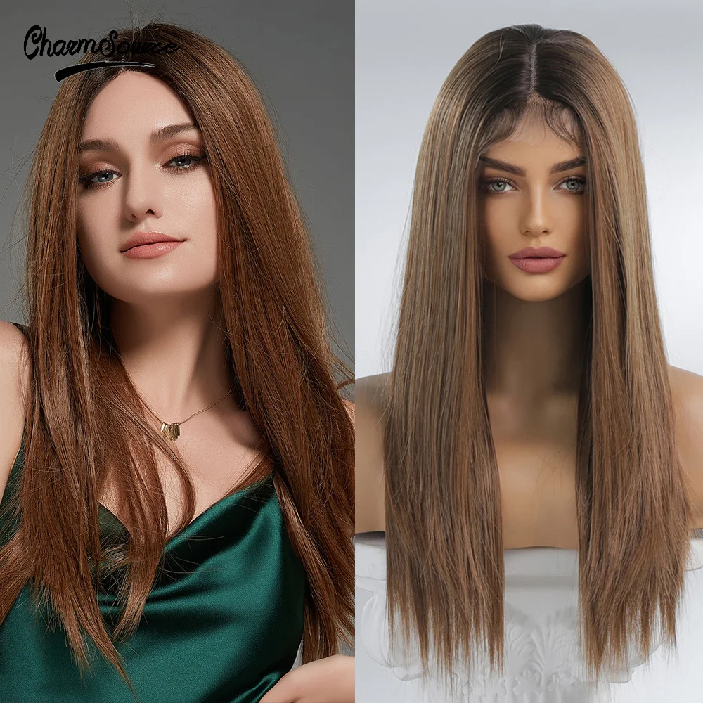 

CharmSource Front Lace Wig Long Brown Straight Middle Part hair Synthetic wigs Daily Party for Women Heat Resistant
