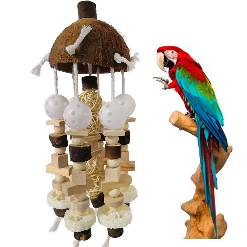 

Bird Parrot Toy Natural Wooden Blocks Bird Chewing Toys For Parrots Hanging Chewing Swing Bird Tearing Toy Parrot Training Tool