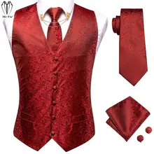 Chaleco de seda de alta corbata para hombre, conjunto de alfileres de cuello dorado para vestido, traje de boda, corbata de Cachemira roja (4)