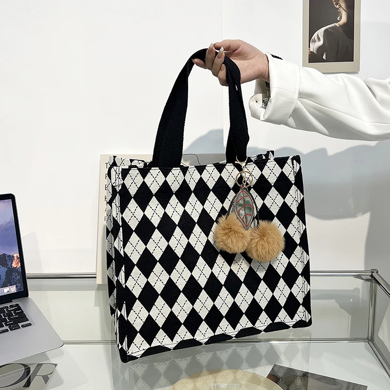 

2022 Lattice Pattern Shoulder Bag Simple Woolen Cloth Handbag Purse Travel Women Large Capacity Tote Bag Portable Shopper Bag
