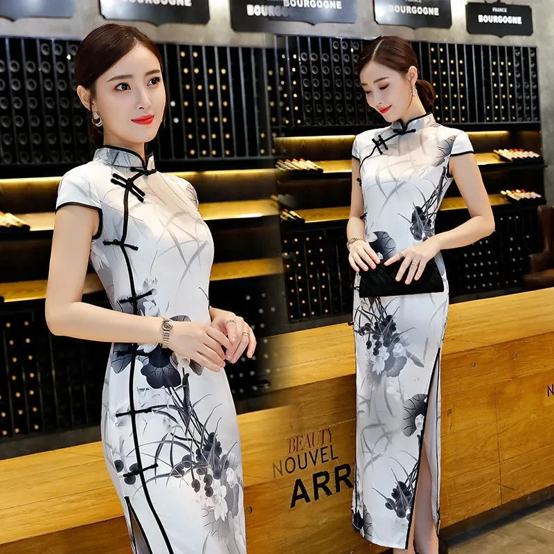 Женское шелковое платье-Ципао с разрезом длинное повседневное приталенное