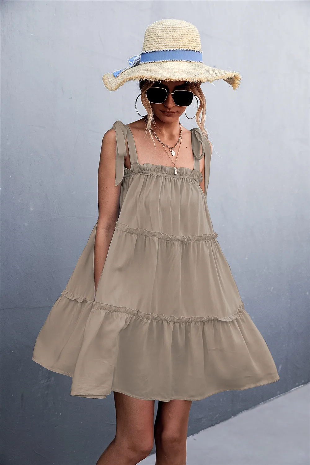 

2022 Summer Slash Neck Ruffle Party Dress Women Casual Elegant Loose Mini Dress Ladies Solid Color Short Pleated Dresses Vestido