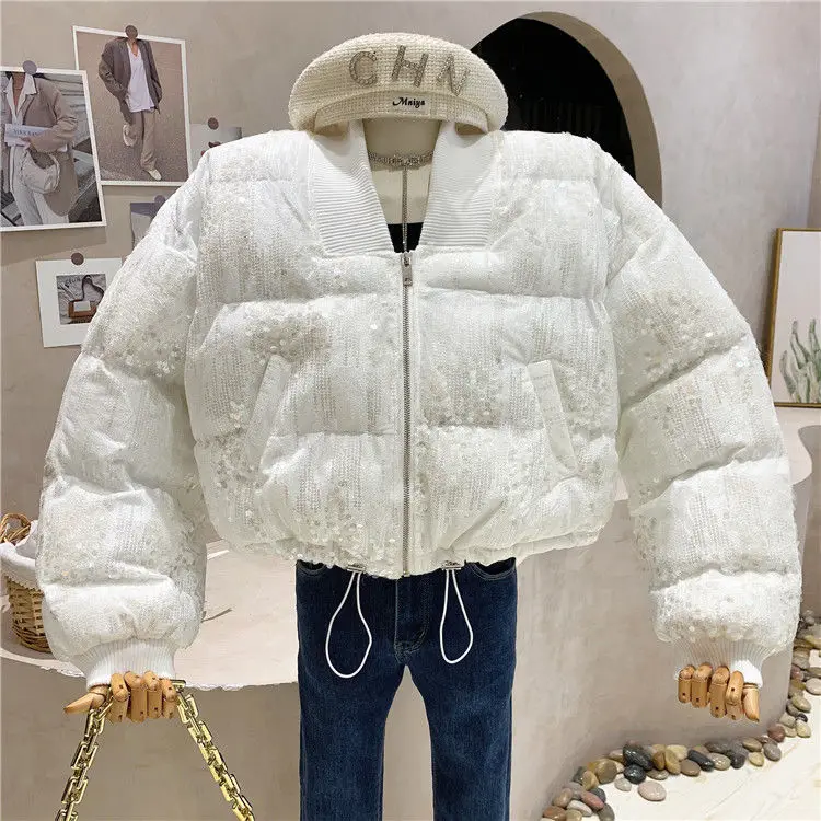 Blingbling Autumn Winter Sequins Velvet Women Cotton-padded Coat All-match Baseball Wadded Jacket Casual Long Sleeve Parkas 2022