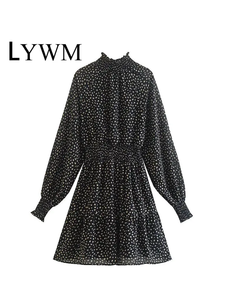 

Женское Модное шифоновое мини-платье LYWM с принтом, винтажные женские шикарные платья с высоким воротом и длинным рукавом