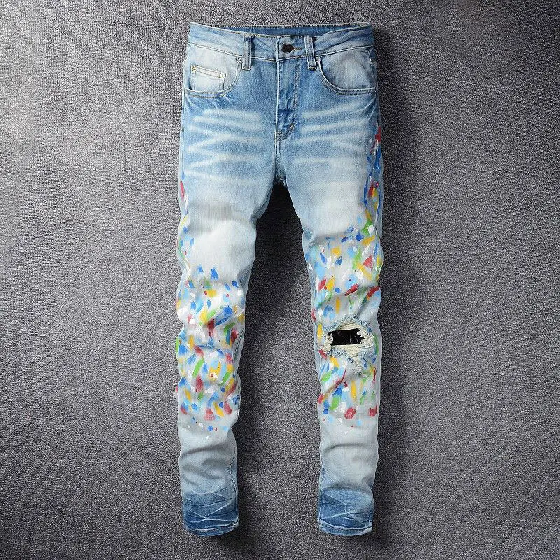 

Graphic Jeans Men Paint Spraying Printed Jeans America Streetwear Slim Pencil Pants Black Zipper Fly Stretch Denim Trousers