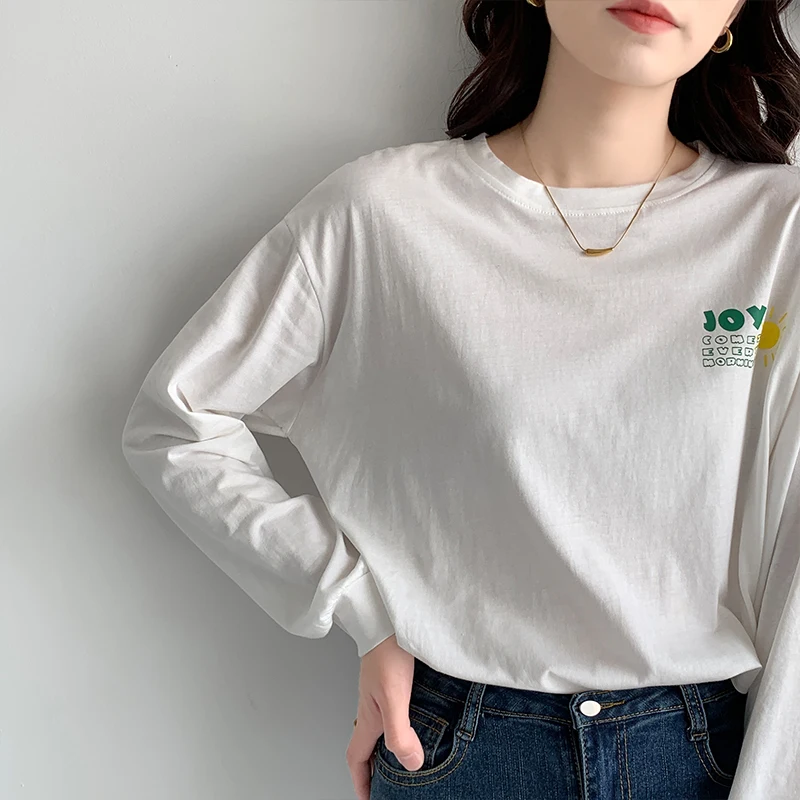 

Новинка весна-осень 2022, Хлопковая женская футболка с длинным рукавом и круглым вырезом, свободная трендовая рубашка в западном стиле