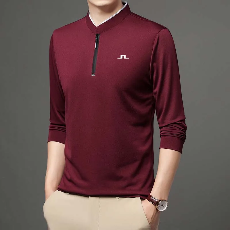 Men's Golf Polo Zipper Spring Clothes Men For T-shirt Long Sleeve Casual Everyday Versatile Wear Solid Color Cotton Top Hiking