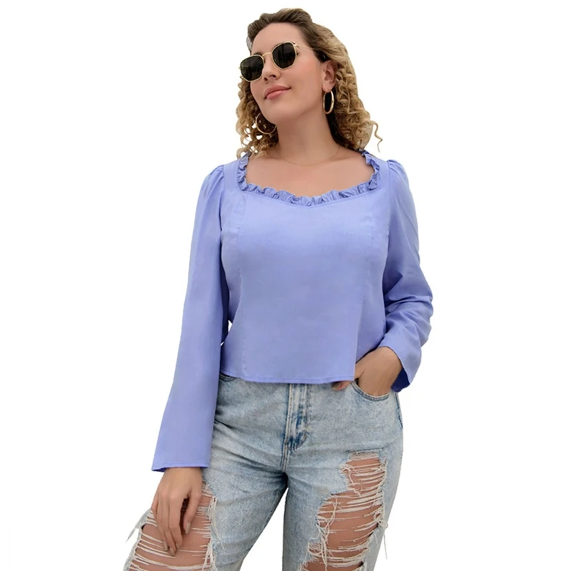 

Ruffled Patchwork Sqaure Collar Shirts Plus Size Women Pullover Crop Top 2XL-5XL
