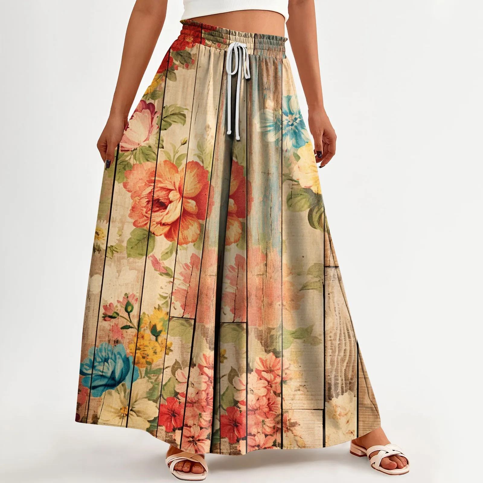 Женские брюки с широкими штанинами винтажные летние цветочным принтом