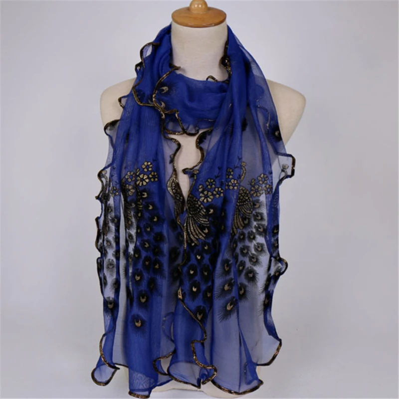 New Design Women Chiffon Peacock Feather Flower Embroidered Lace Stylish Scarf Long Soft Wrap Shawl Ladies |