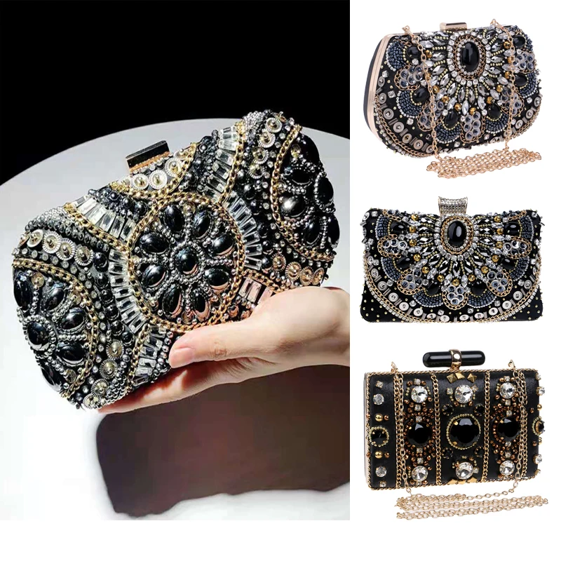 

Small Beaded Clutch Purse Elegant Black Evening Bags Wedding Party Clutch Handbag Metal Chain Shoulder Bags
