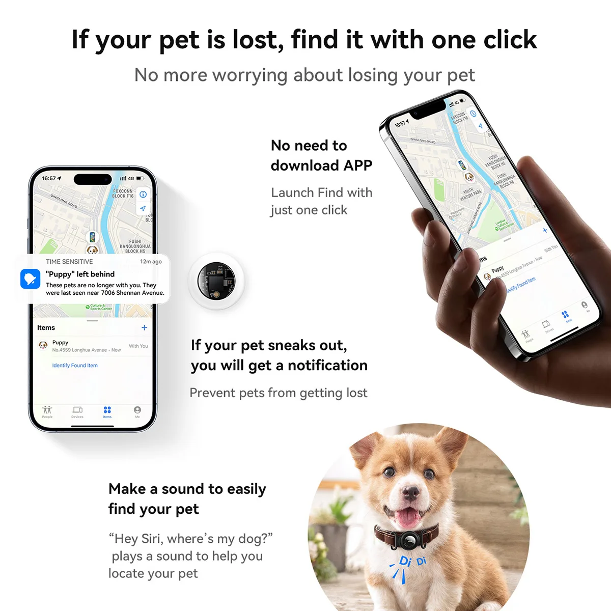 Фото HOCO Smart Tag GPS трекер для домашних животных, собак, кошек, поддержка работы для Find My App, анти-потерянный локатор устройства, ошейник для домашних животных, тип дизайна №3