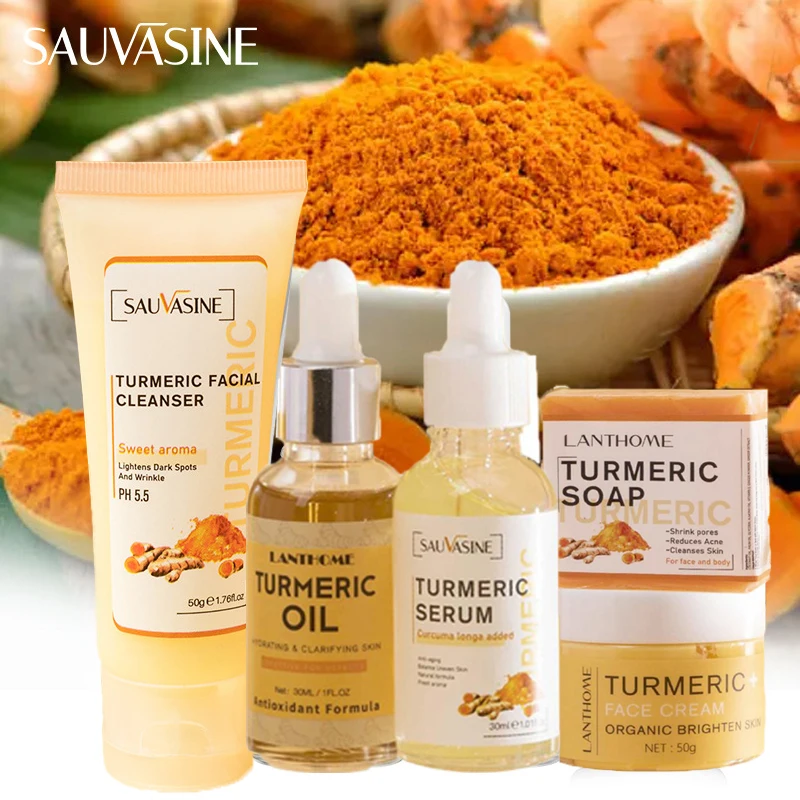 

5pcs/set Turmeric Face Care Sets Facial Acne Cleansing Cream Anti-Aging Serum Remover Dark Spots Whitening Facial Oils Skin Care