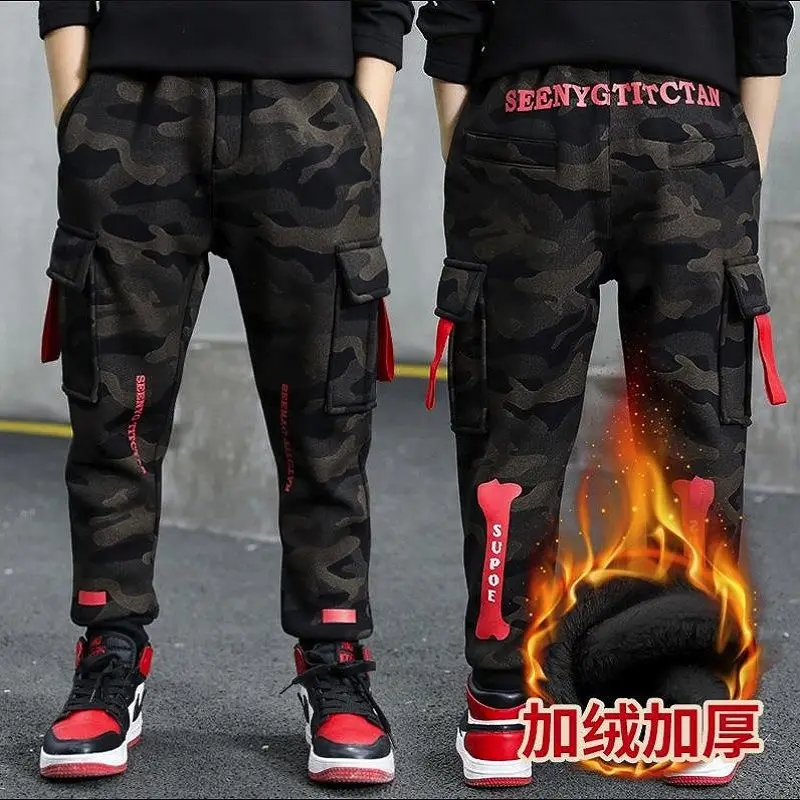 

Брюки-карго на флисе для мальчиков, повседневные свободные штаны, камуфляжные леггинсы с флисовой подкладкой, детские брюки с эластичным по...