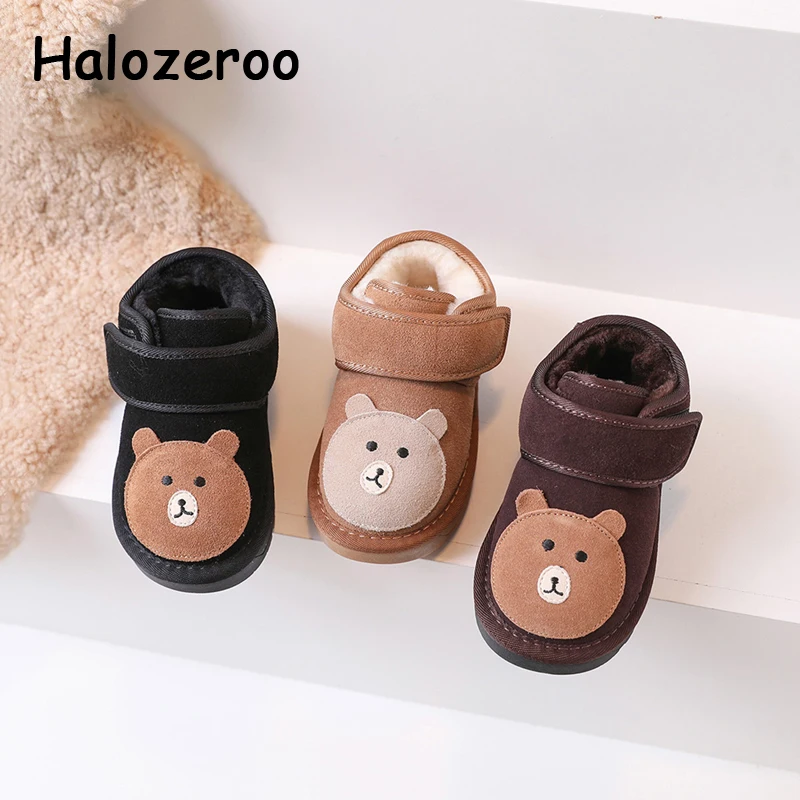 

Детские зимние ботинки с медведем, Брендовые ботильоны для маленьких девочек, теплые модные ботинки для маленьких мальчиков, черные кожаные ботинки с мехом