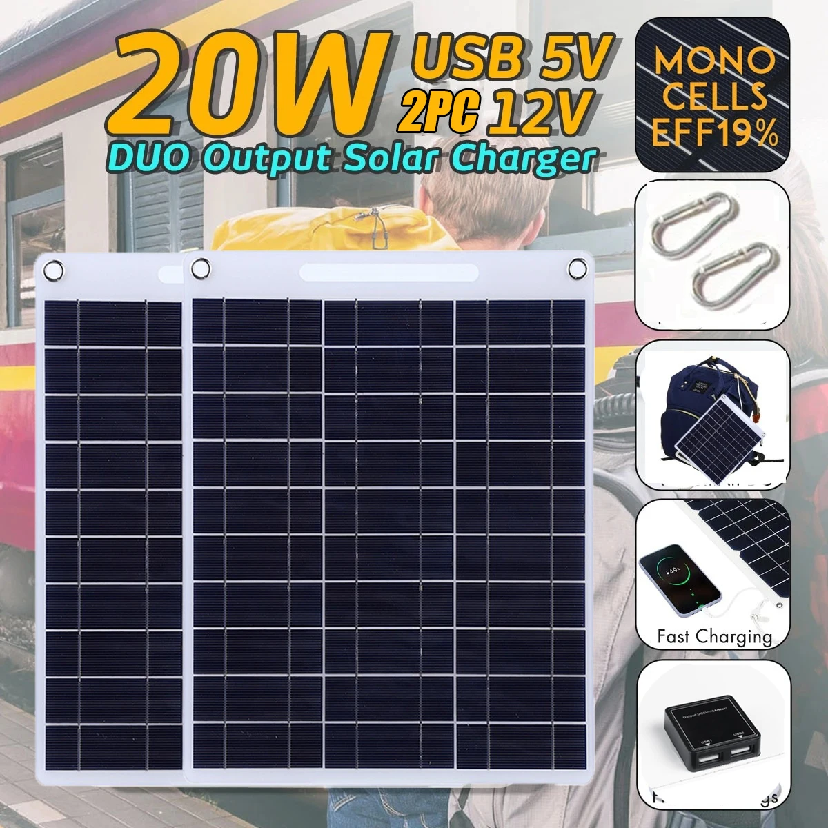 

20W 2 USB Solar Charger Panel 5V Portable Polysilicon DIY Solar Power Battery Generator Power Bank for Mobile Phone for Outdoor