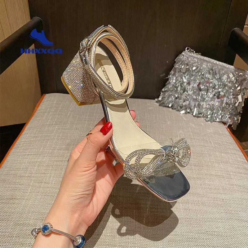 

Sliver Rhinestone Sandals Women's Thick Heel 2022 Summer New Middle Heel Fairy Wind Large Size Small Size Sandals 32-43