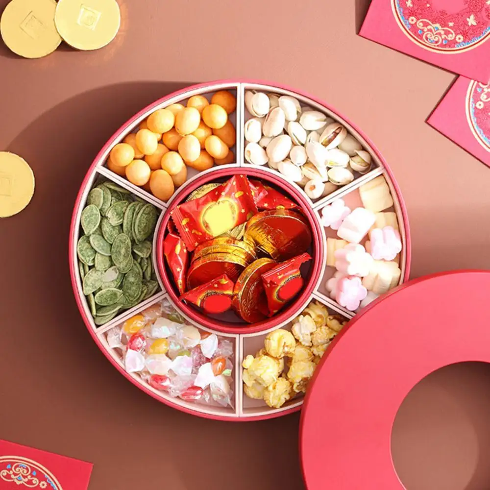 

New Year Stylish 7 Compartments Chinese Fruit Snack Candy Tray Storage Container Box with Lid Candy Snack Storage Tray