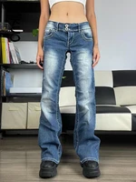 yikuo y2k button zipper washed jeans pockets low waist women denim casual vintage trousers summer casual stylish pants korea