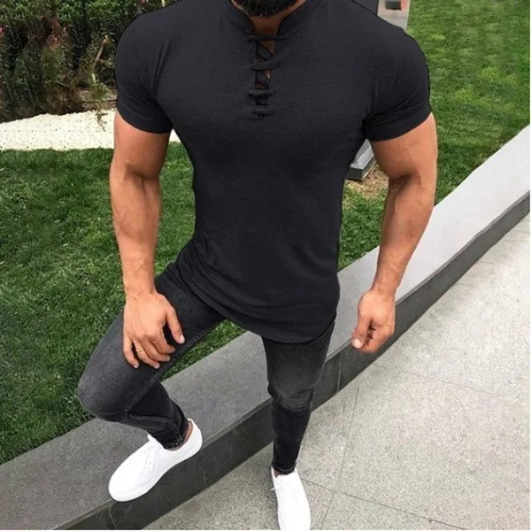 

2000 New Men's Sexy T shirt Tops Male Black Slim Fit Solid Color Mandarin Collar Short Sleeve t shirt S-3XL