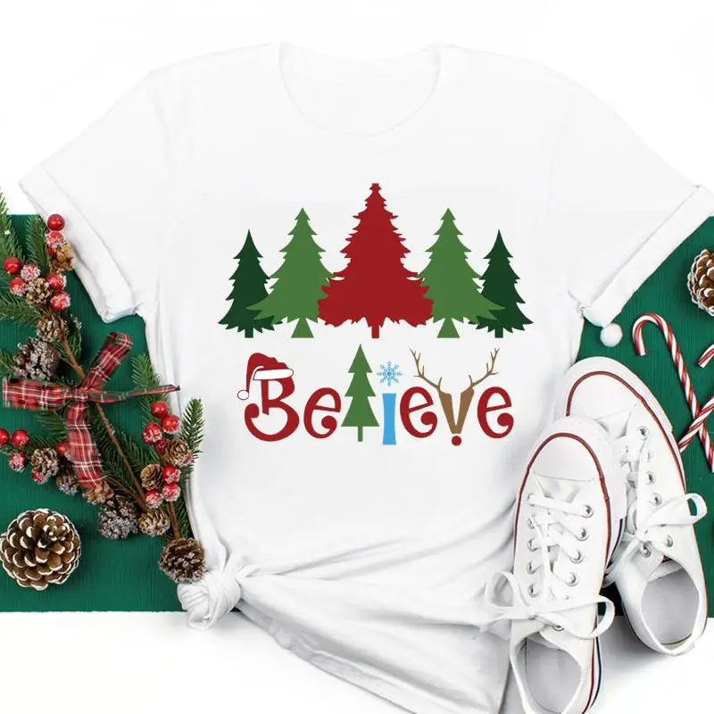 

Женские праздничные футболки с графическим рисунком на новый год 2022, Милая женская футболка с рисунком дерева, модная футболка для отпуска