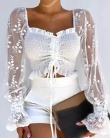 whiteshirring detail frill hem leaf pattern mesh top sexy women party shirt fashion blouse 2022 summer