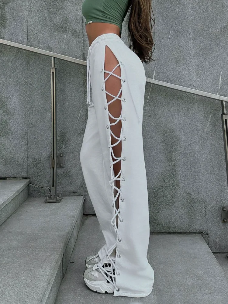 

New Knitted Slit Hollow Sweatpants Women Solid Tie High Waist Loose Summer Trousers For Ladies Casual Streetwear Pants Woman