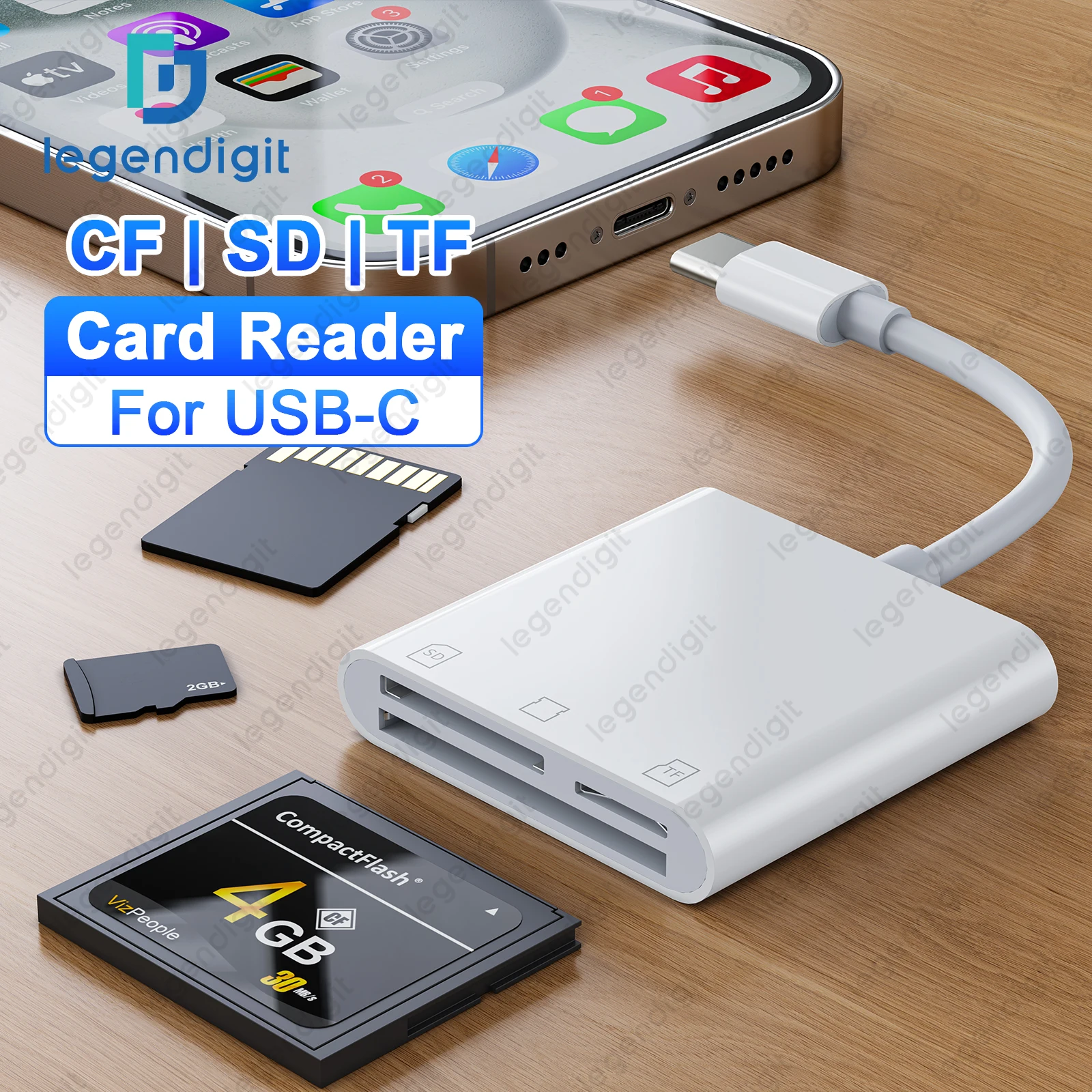 Фото TypeC 3-слотовый адаптер для чтения карт памяти USBC к CF SD TF OTG Устройство чтения карт MicroSD для iPhone15 iPad MacBook Ноутбук Камера Дрон №1